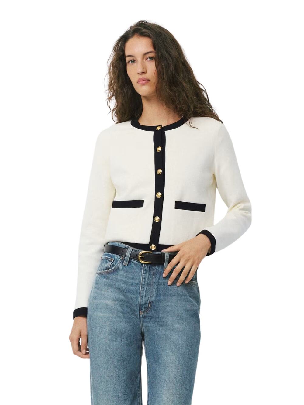 Babaton Aritzia Approach Cardigan Sweater M Cream Black Gold Knit Wonder Yarn